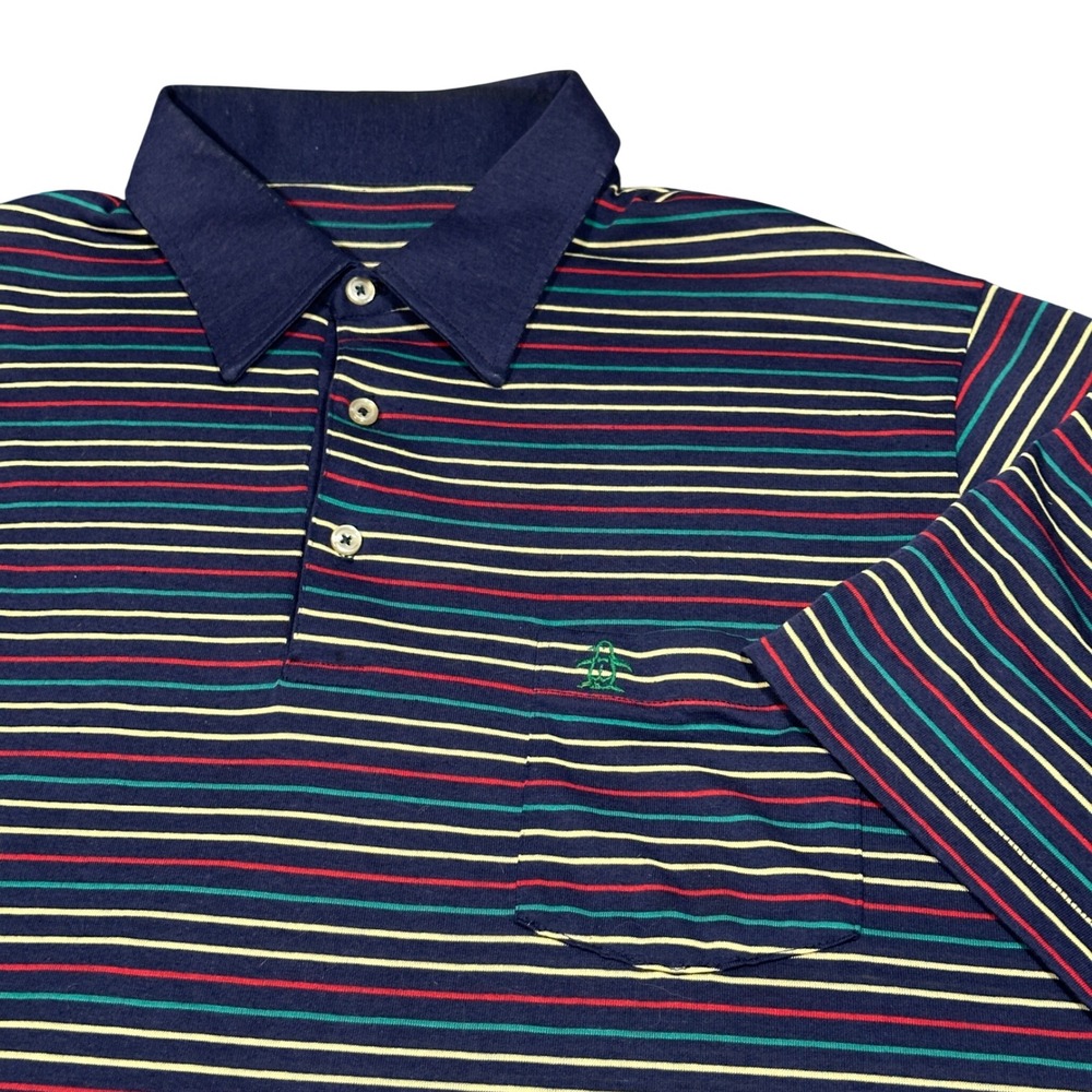 Vintage Munsingwear Grand Slam Polo Shirt Navy Blue Multi Stripe Penguin Mens L